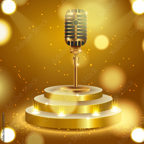 Stage with golden microphone on shiny background