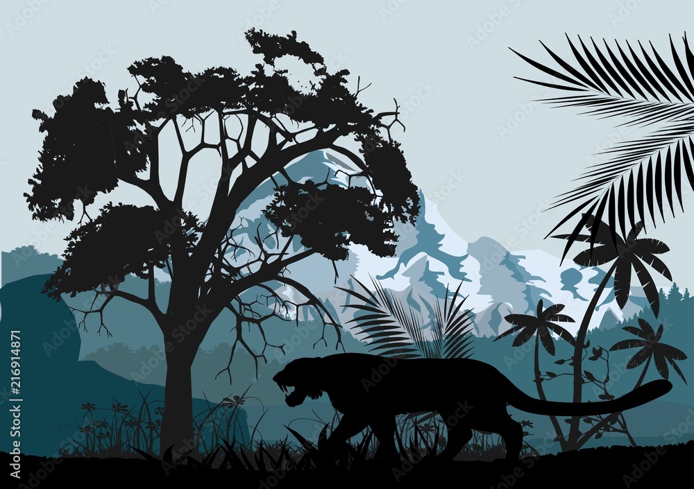 Jungle trees, grass, plants and leopard's silhouette, wildlife