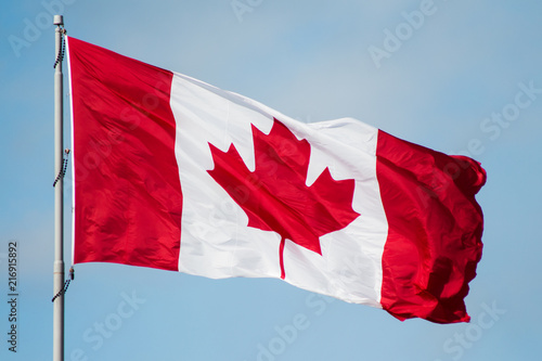 Canada national flag with red maple leaf blowing in the wind with blue skies