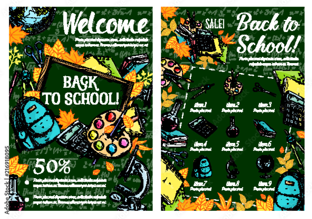 Back to School vector sketch chalkboard poster