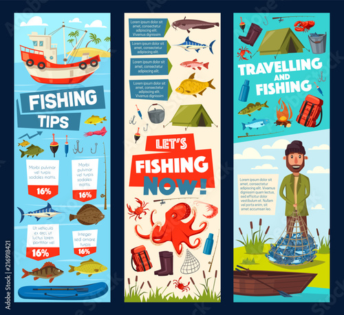 Fishing trip and fisherman fish catch tips banners