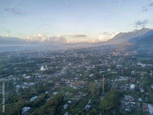Aerial view of sunset in the town of Ruteng in Indonesia.