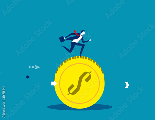 Businessman running on coins. Concept business vector illustration, Flat cartoon, character design style.