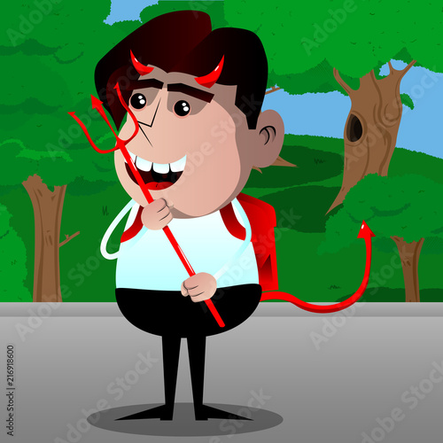 Schoolboy devil with pitchfork. Vector cartoon character illustration.