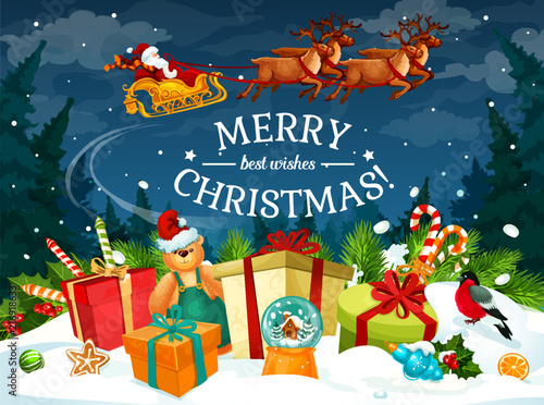 Christmas gift and Santa sleigh greeting card