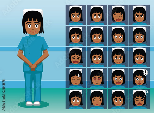 Hospital Staff Black Nurse Cartoon Character Emotion faces