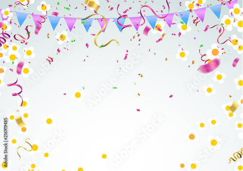 template with  blossom, spring flowers, balloons, falling petals.  vector illustration. Spring sale lettering.