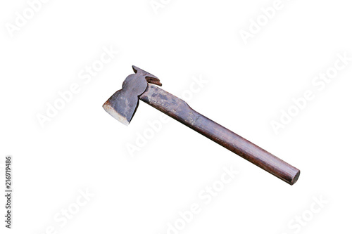 Old iron ax with wooden handle isolated on white background