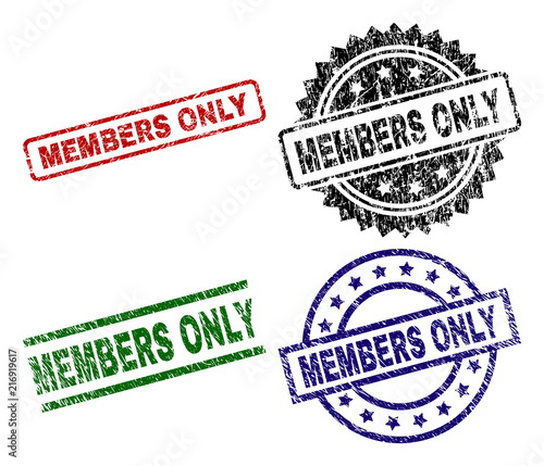 MEMBERS ONLY seal stamps with corroded texture. Black, green,red,blue vector rubber prints of MEMBERS ONLY caption with corroded texture. Rubber seals with round, rectangle, rosette shapes.
