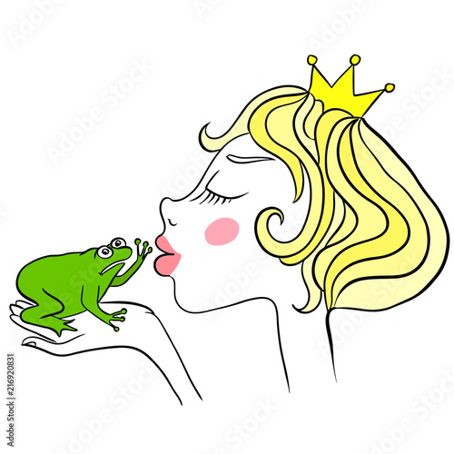 Young princess kisses unhappy green frog. Frog does not want to kiss the girl.