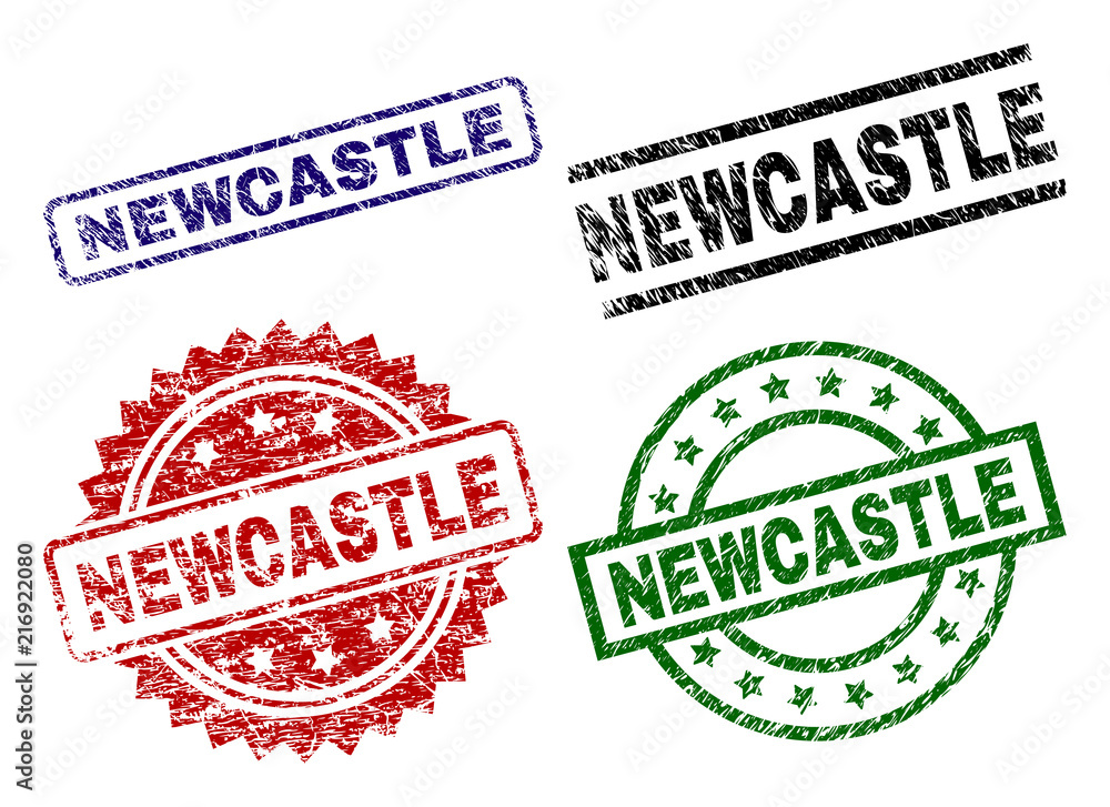 NEWCASTLE seal prints with damaged surface. Black, green,red,blue vector rubber prints of NEWCASTLE caption with grunge surface. Rubber seals with circle, rectangle, rosette shapes. NEWCASTLE seal prints with damaged surface. Black, green,red,blue vector rubber prints of NEWCASTLE caption with grunge surface. Rubber seals with circle, rectangle, rosette shapes.