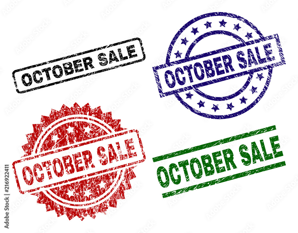 OCTOBER SALE seal prints with corroded surface. Black, green,red,blue vector rubber prints of OCTOBER SALE caption with retro surface. Rubber seals with round, rectangle, medallion shapes. OCTOBER SALE seal prints with corroded surface. Black, green,red,blue vector rubber prints of OCTOBER SALE caption with retro surface. Rubber seals with round, rectangle, medallion shapes.