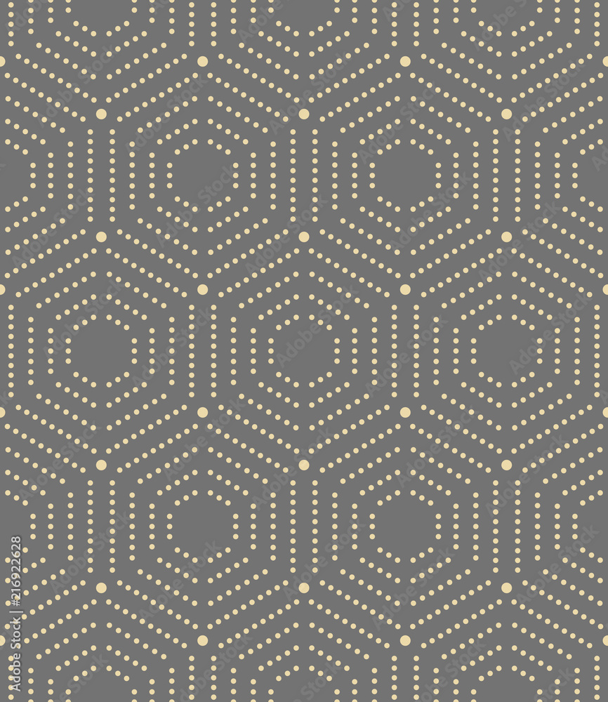 Geometric repeating vector ornament with golden hexagonal dotted elements. Geometric modern ornament. Seamless abstract modern pattern