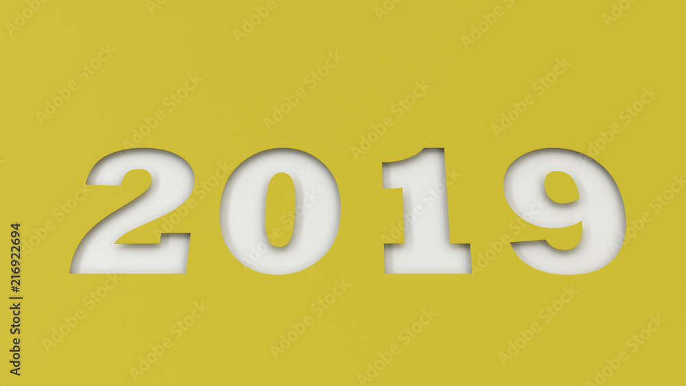 White 2019 number cut in yellow paper White 2019 number cut in yellow paper