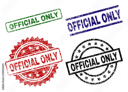 OFFICIAL ONLY seal imprints with corroded surface. Black, green,red,blue vector rubber prints of OFFICIAL ONLY title with dirty surface. Rubber seals with circle, rectangle, medallion shapes.