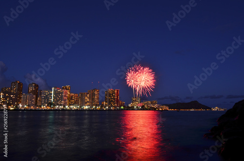 Fireworks over Waikiki on Oahu, Hawaii