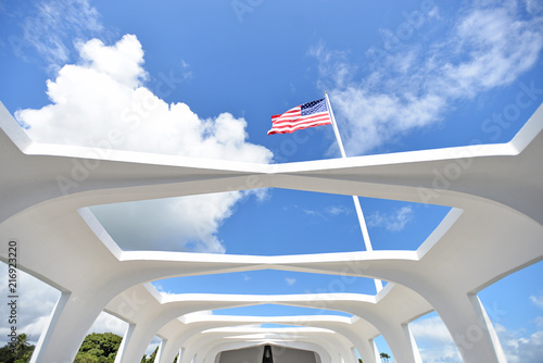 American flag over the USS Arizona Memorial on Oahu, Hawaii 