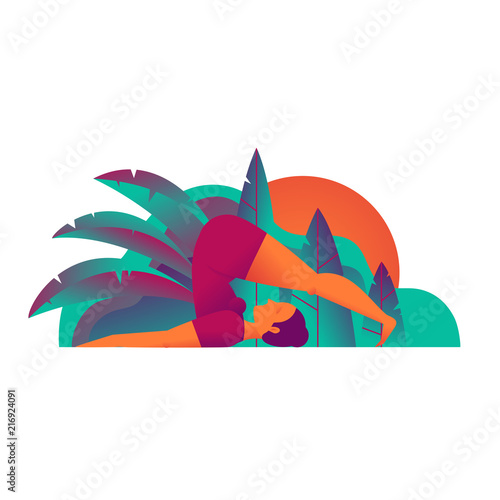 Woman doing yoga exercises outdoors. Halasana. Vector illustration in flat style.