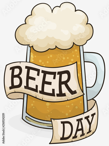Delicious Beer with Greeting Ribbon for Beer Day, Vector Illustration