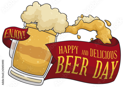 Beer in Mug with Commemorative Ribbon for Beer Day, Vector Illustration