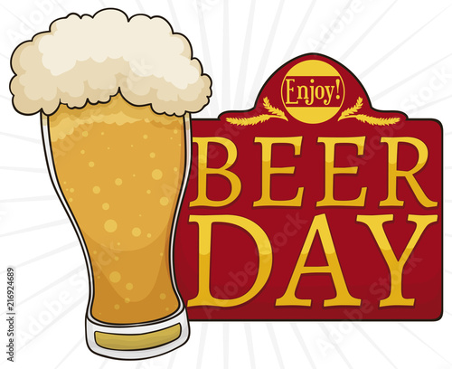 Beer, Sign with Round Label and Barley for Beer Day, Vector Illustration
