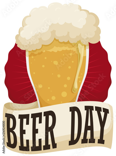Premium Beer with Ribbon and Label for Beer Day, Vector Illustration