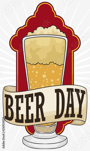 Elegant Beer in Pilsner Glass and Ribbon for Beer Day, Vector Illustration
