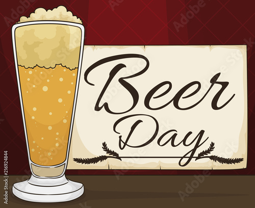 Delicious Beer and Card in Elegant Bar for Beer Day, Vector Illustration