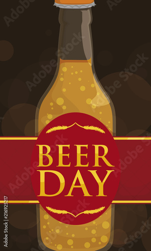 Beer Day Celebrated in a Night with Bokeh and Bottle, Vector Illustration