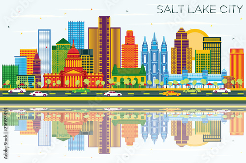Salt Lake City Utah Skyline with Color Buildings  Blue Sky and Reflections.