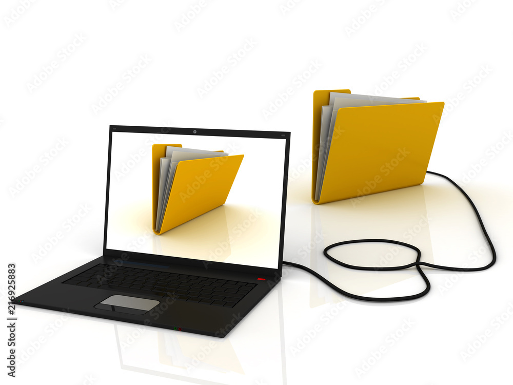 Black laptop with folders. Storage concept Black laptop with folders. Storage concept