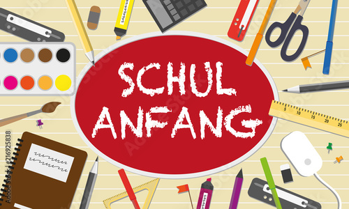 Schulanfang Bannerdesign mit Stiften, Schere, Wasserfarben   