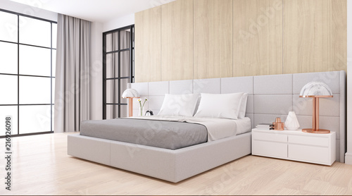 Bedroom interior dssign with Modern minimalist style.,Cozy white room and Simple Comforts, white bed on natural wood, 3d rendering