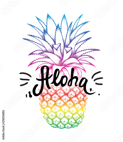 Pineapple colorful sketch isolated on white background. Aloha hand lettering, Hawaiian language greeting typography. Vector illustration for wallpaper, textile, fashion banners, cards, posters.
