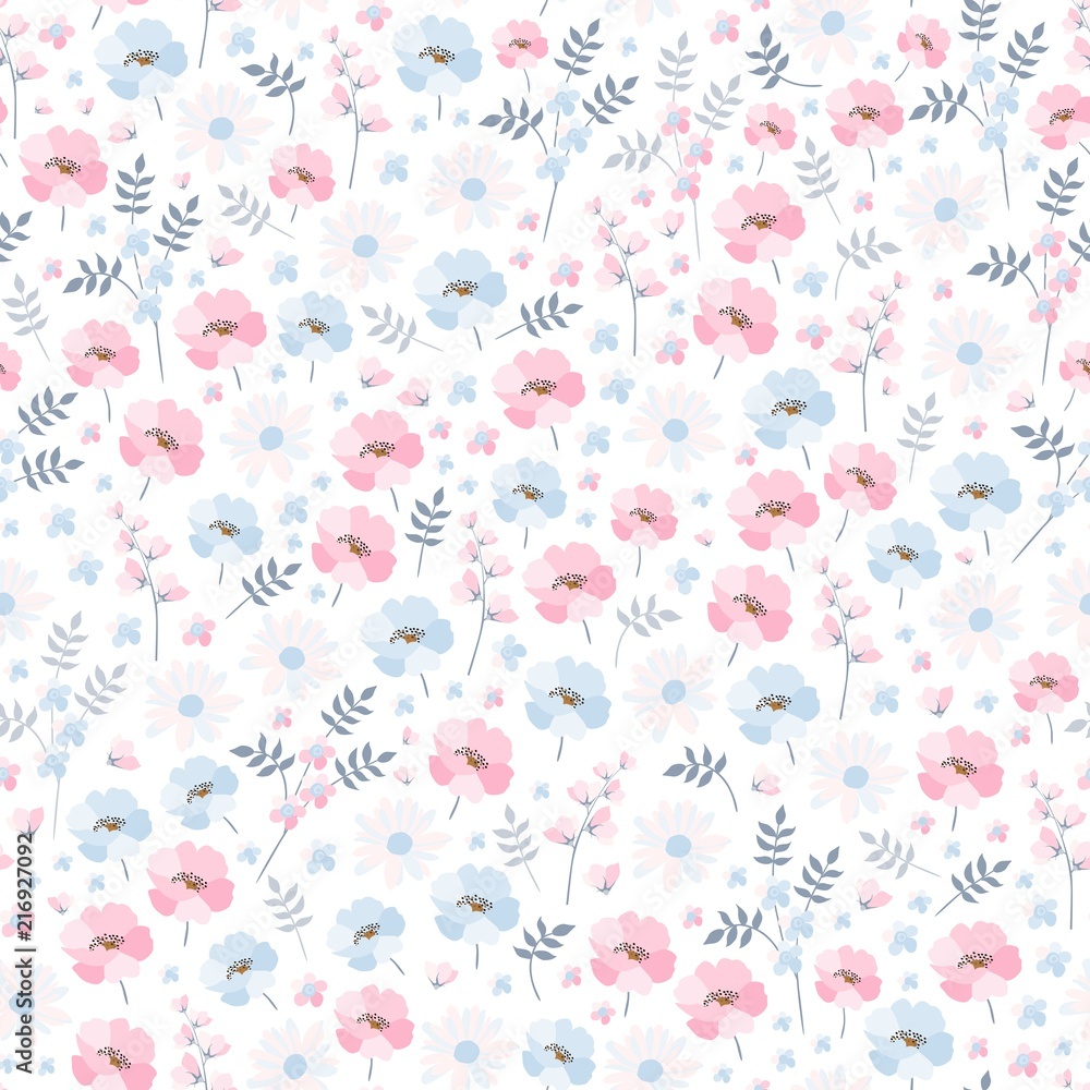 Tender ditsy floral pattern. Seamless vector design with light blue and  pink flowers on white background. Print for fabric, bedding, wallpaper.  Stock Vector | Adobe Stock