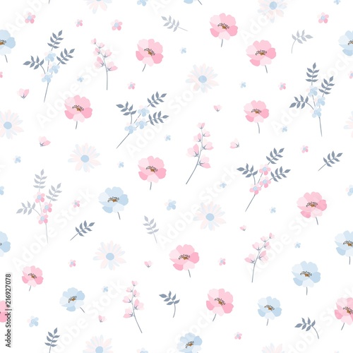 Delicate ditsy floral pattern. Seamless vector design with light blue and pink flowers on white background. Print for fabric, bedding, wallpaper.