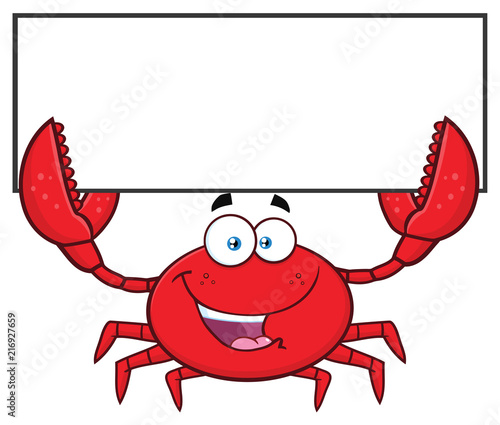 Happy Crab Cartoon Mascot Character Holding Blank Sign. Vector Illustration Isolated On White Background