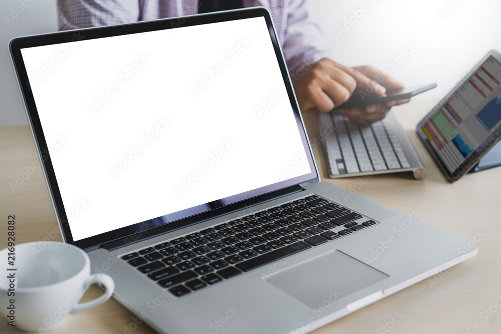 Laptop with blank screen on table. Workspace background new project on laptop computer with blank copy space screen for your advertising text message Laptop with blank screen on table. Workspace background new project on laptop computer with blank copy space screen for your advertising text message
