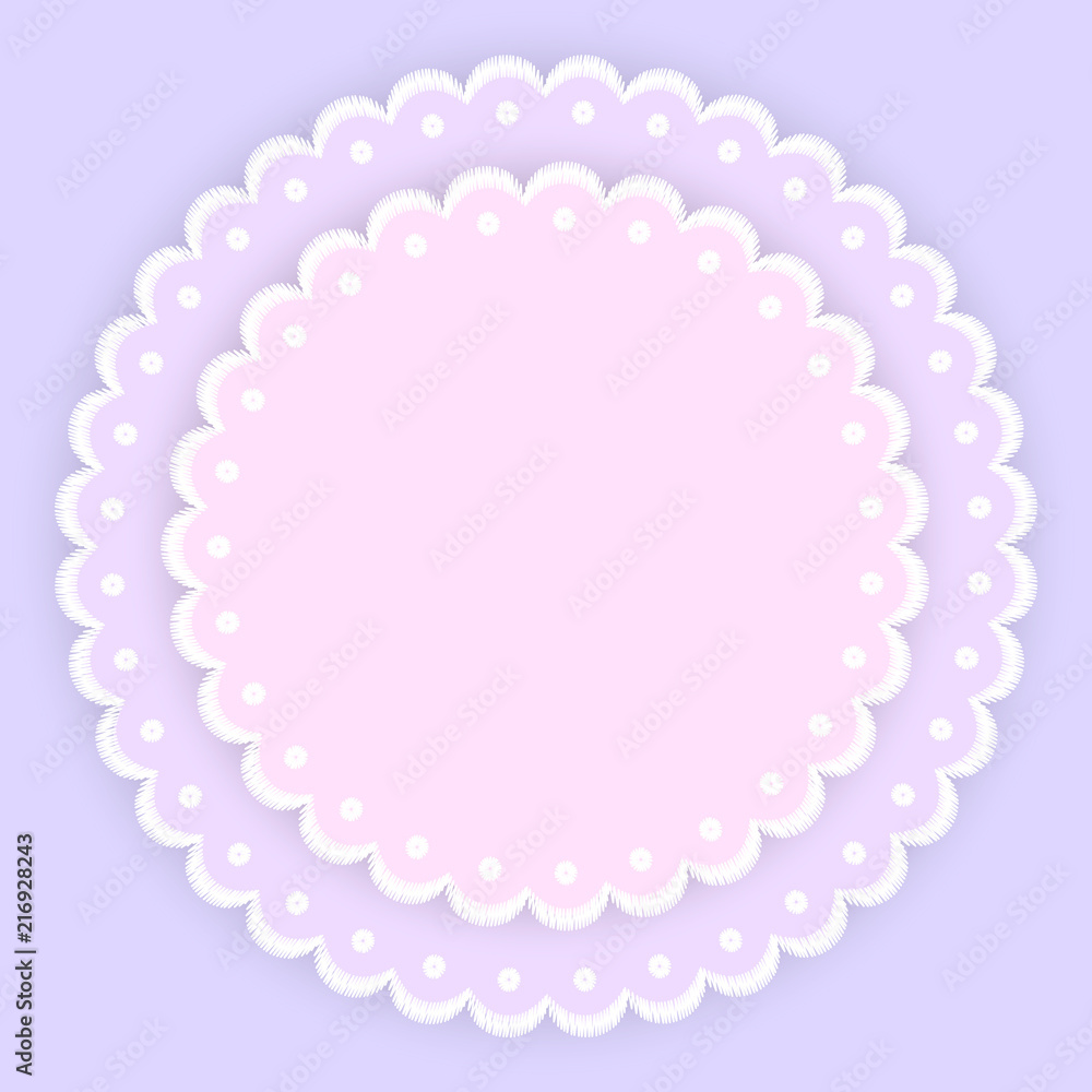 Pink purple and white scalloped lacy edge embroidery circle doilies, card template, vector