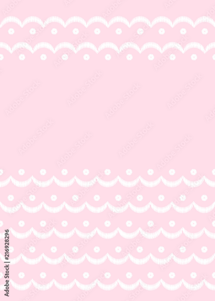 Pink and white scalloped lacy edge embroidery, card template, vector