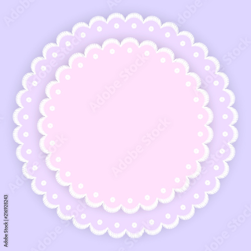 Pink purple and white scalloped lacy edge embroidery circle doilies, card template, vector