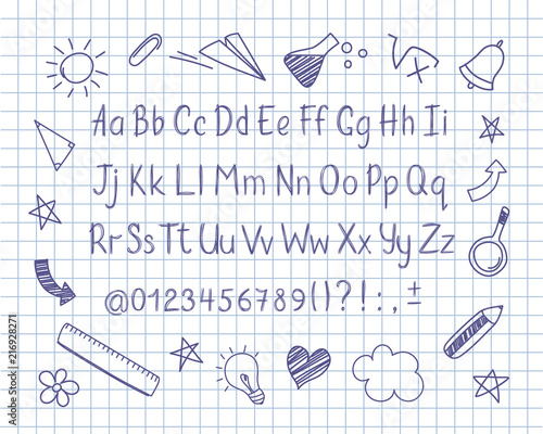 Alphabet in sketchy style with school doodles on copybook sheet. Vector handwritten pencil letters, numbers and punctuation marks. Ink pen handwriting font and doodle design elements.