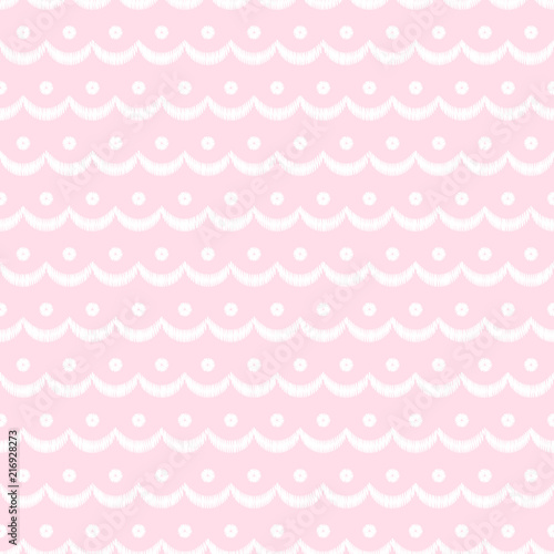 Pink and white scalloped lacy edge embroidery, seamless pattern, vector