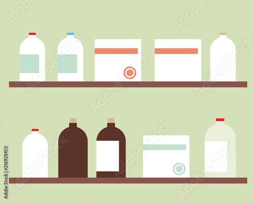 Simple flat design shelf for medicine with bottles and boxes with label, isolated on green wall