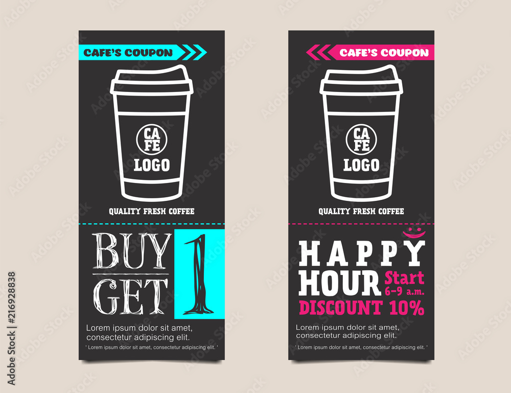 Coffee coupon card voucher template in chalkboard design. Buy 1 get