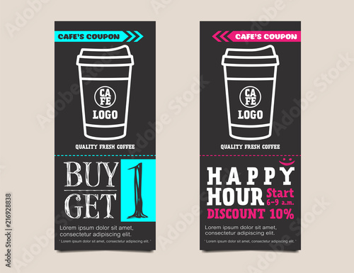 Coffee coupon card voucher template in chalkboard design. Buy 1 get free and Happy hour concept. Vector illustration
