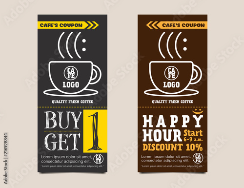 Coffee coupon card voucher template in chalkboard design. Buy 1 get free and Happy hour concept. Vector illustration
