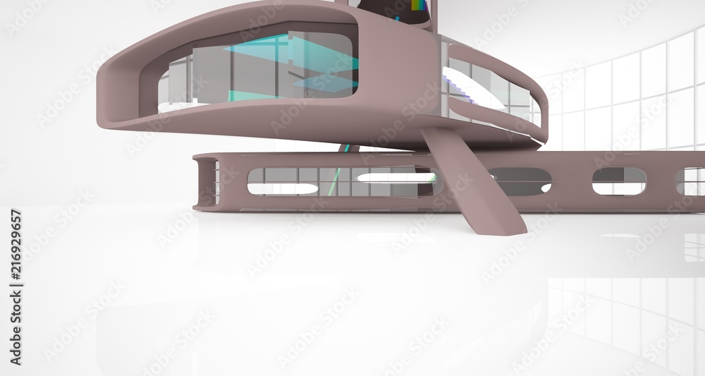 Obraz premium Abstract dynamic interior with brown and colored gradient smooth objects. 3D illustration and rendering