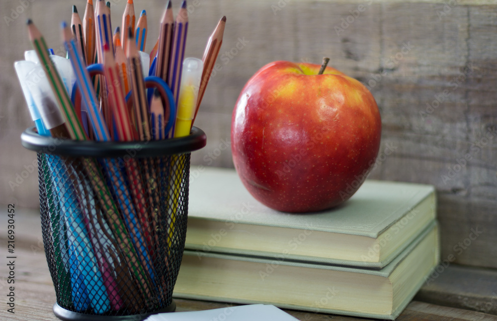 Back to School. Accessories, books and fresh apple Back to School. Accessories, books and fresh apple