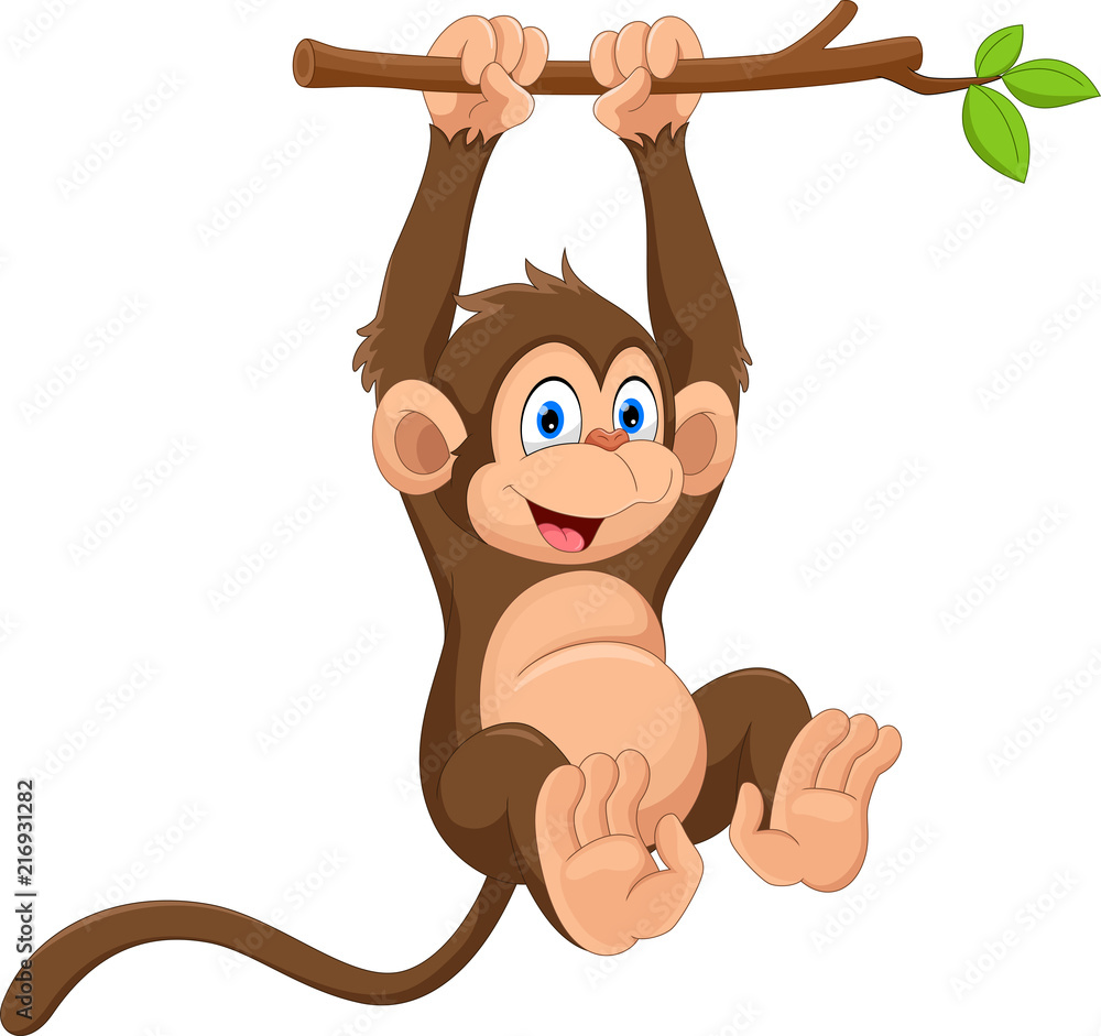 Cartoon cute monkey hanging on tree branch Stock Vector | Adobe Stock